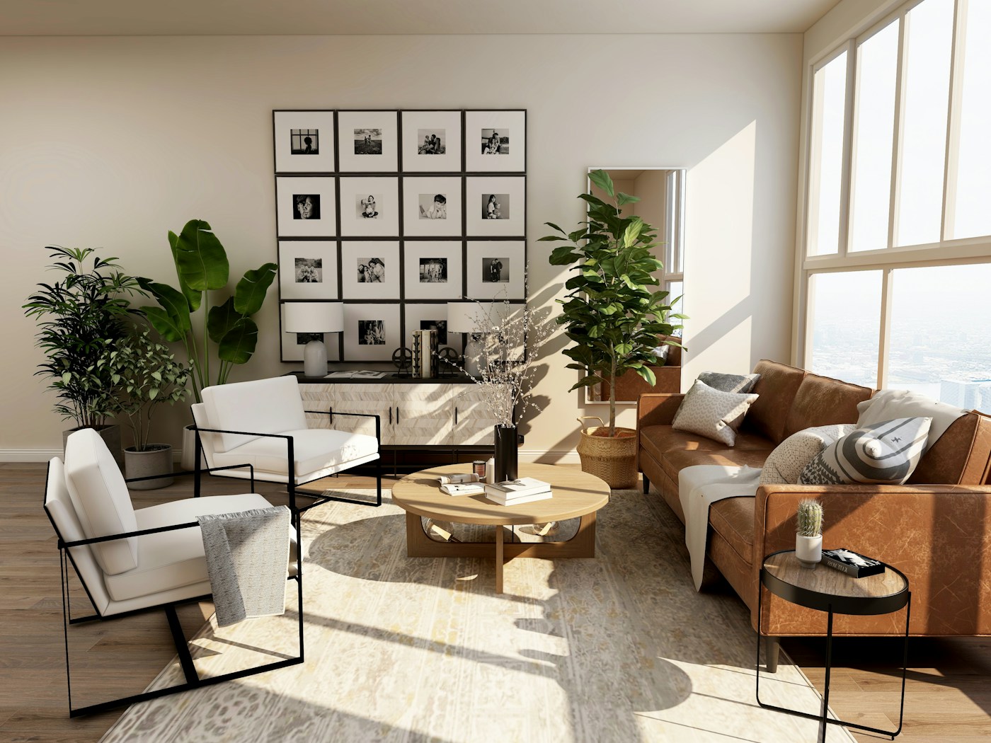 A warm interior with natural materials and neutral furnishings